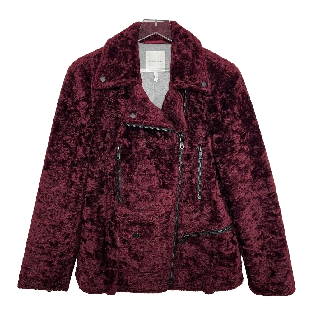 AVEC LES FILLES LARGE Plush Faux Fur Moto Jacket - Burgundy